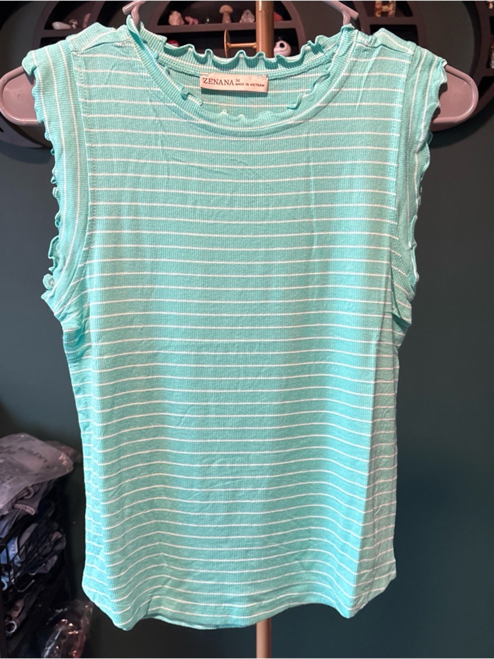 Zenana Outfitters Mint and White Striped Ribbed Sleeveless Top
